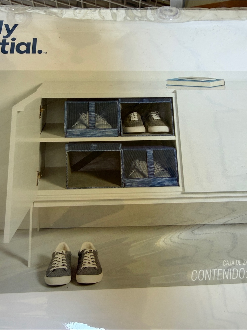 Simply Essential Set of 4 Mesh Shoe Boxes Blue with White Stripes New
